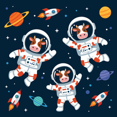 Cute cows in spacesuits floating in space, perfect for children's books, apparel, or websites.