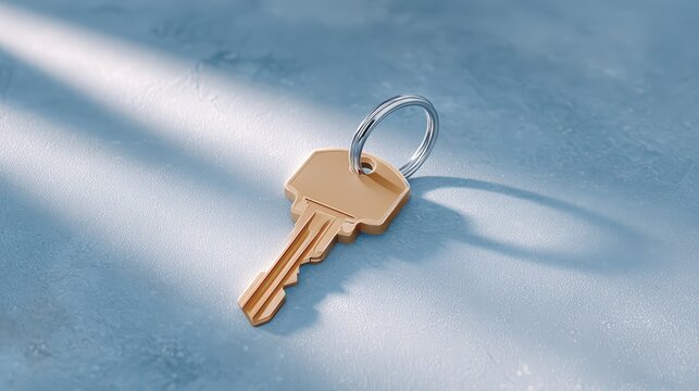 Golden hour in minimalist scene, A single gold key on a silver surface with a keyring attached, casting a soft shadow in natural light.