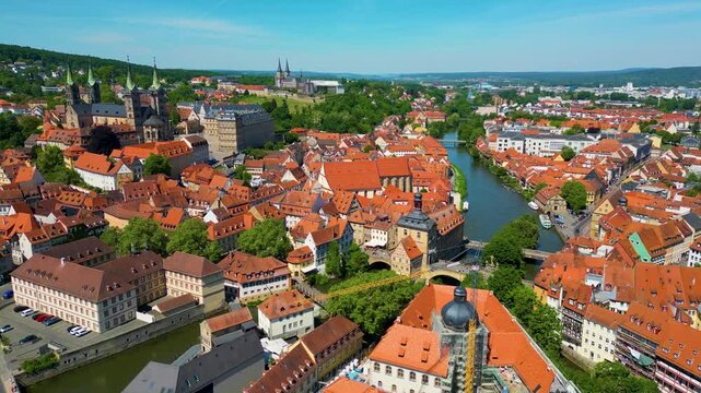 4K Aerial Drone Video of the Historic Bamberg Cathedral and Michaelsberg Abbey along the Regnitz River in the Old Town area of Downtown Bamberg, Germany