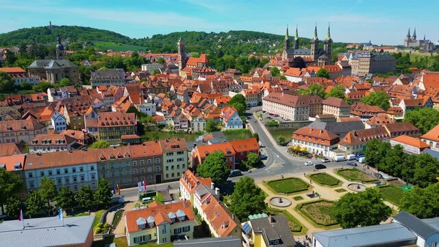 4K Aerial Drone Video of the Historic Bamberg Cathedral and Michaelsberg Abbey along the Regnitz River in the Old Town area of Bamberg, Germany