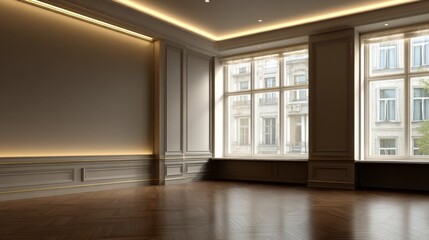 Elegant room interior Hardwood floor large windows and classic wall paneling