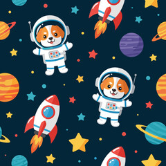 Adorable dog astronauts and rockets seamless pattern for kids' apparel, fabrics, or space-themed projects.