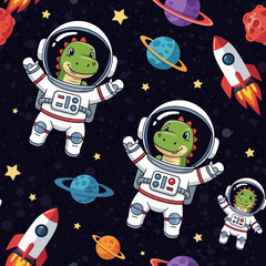 Cute Dinosaur Astronauts in Space: Seamless Pattern for Kids' Products