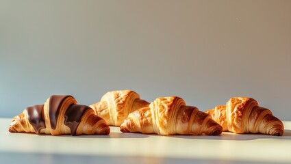 Assorted croissants lined up on a surface. Fresh baked croissants with golden crusts and layers. Breakfast pastry selection. Pastry and baked goods. European bakery items.