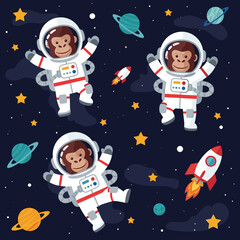 Three cheerful chimpanzee astronauts floating in space, perfect for children's books, textiles, or websites.
