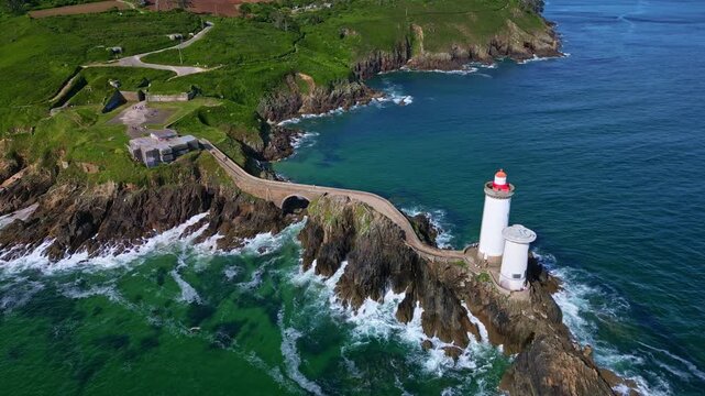 Amazing descending drone movement to the coastal Petit Minou lighthouse aka Phare du Petit Minou in Plouzan&eacute;, Finist&egrave;re, Brittany, France.