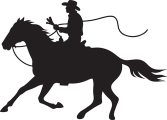  A vector silhouette of a wild west cowboy riding a running horse wipe rope in illustration