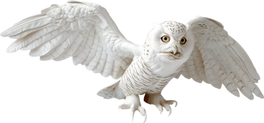Snowy owl in flight with wings spread on gray background