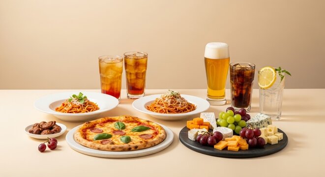 Delicious Italian Feast: Pizza, Pasta, Cheese Board & Drinks