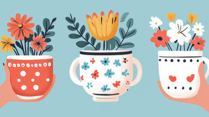 A heartwarming Spring celebration with diverse blooming flora held in decorative vessels by gentle hands, ideal for a cheerful greeting card or banner.