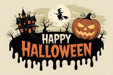 Spooky halloween scene with jack o lantern haunted house and flying witch