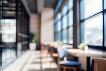 Bright airy modern cafe interior with large windows and comfortable seating, bathed in natural sunlight creating a welcoming and relaxed atmosphere perfect for dining or working.
