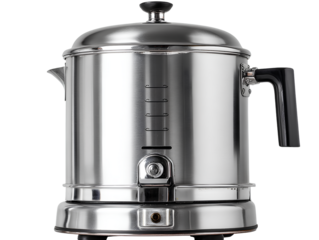  Commercial coffee urn with open lid and steam visible transparent background