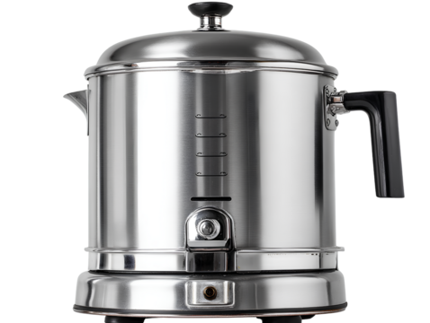  Commercial coffee urn with open lid and steam visible transparent background