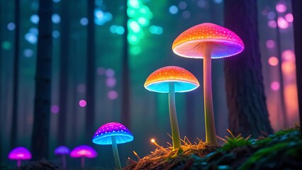 Fototapeta premium Enchanting bioluminescent mushrooms illuminate a mystical forest.jpg