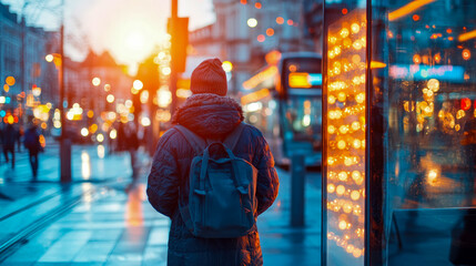 Obraz premium A solitary traveler, clad in warm winter apparel, standing amidst a bustling metropolitan street, bathed in the soft glow of golden hour and shimmering city lights; concept of urban exploration, trav