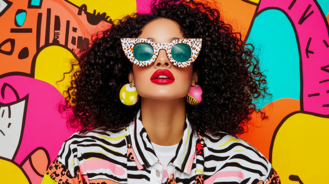 A vibrant, expressive portrait of a woman showcasing bold fashion and a playful pop art aesthetic, ideal for contemporary promotion or creative content.