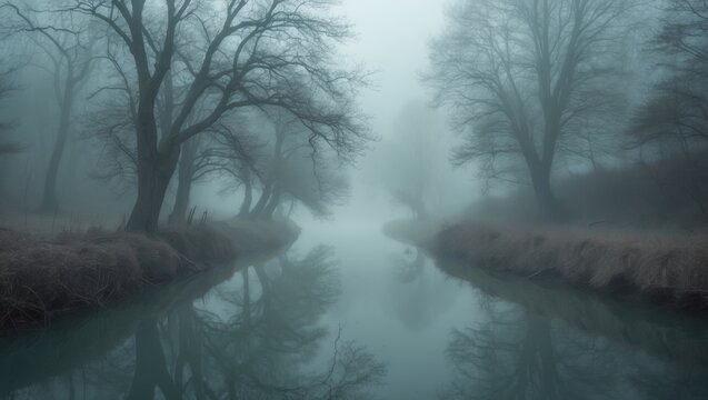 A serene foggy river scene with leafless trees on both banks and their reflections in the water.