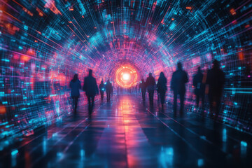 Silhouettes of men and women walking through glowing abstract digital tunnel. Internet big data network pathway. Connection to cyberpunk future world concept.