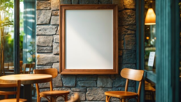 A blank picture frame hanging on a stone wall inside a cozy cafe with wooden chairs and tables, creating a warm and inviting atmosphere.