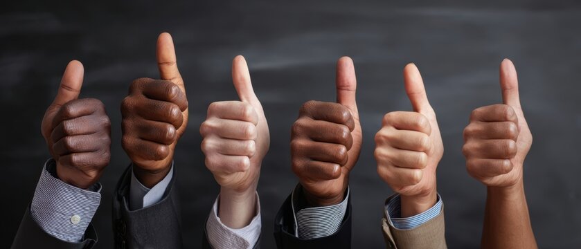 The thumbs up gesture representing approval and positivity in a diverse group. - Powered by Adobe