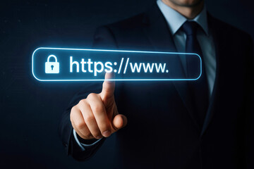 Secure web browsing digital interface with glowing address bar and lock icon secure connection