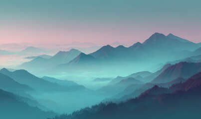 Fototapeta premium A serene vista unfolds with layers of misty mountain ranges, their peaks softened by the atmospheric perspective and a gentle gradient of pastel hues, creating a tranquil landscape.