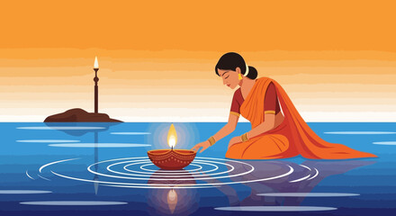 Diwali Reverence Woman Offering Lit Diya On Water During Hindu Celebration