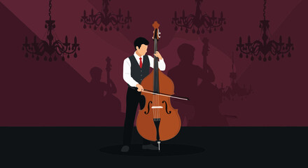 Double Bassist Performing In Elegant Hall With Chandeliers In Dimly Lit Concert
