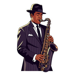 Fototapeta premium Illustration of a man in a suit and hat playing a saxophone with focused expression, isolated on a white background.