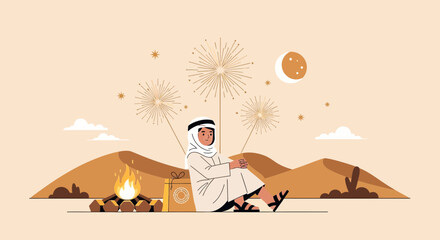 Obraz premium Emirati Man Celebrates Eid Al-Adha With Fireworks, Campfire And Gifts In Desert