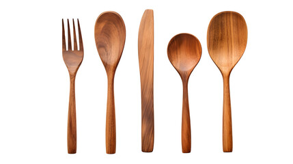 Set of five wooden cutlery pieces including a fork, spoon, and knife for rustic kitchen menu design.