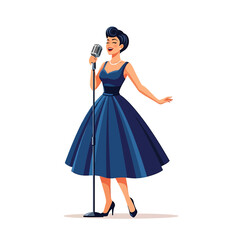 An elegant woman in a blue dress sings passionately into a vintage microphone, her arm outstretched in a performance pose.