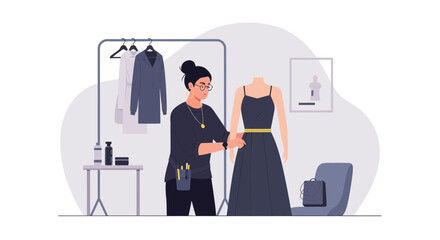 Dressmaker Inspecting A Stylish Dress On Mannequin At Tailoring Studio
