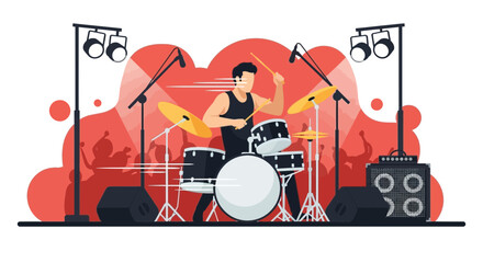 Drummer Performing Live On Stage With Silhouette Audience And Lighting
