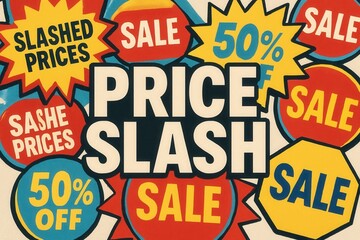 Promotional sale graphic featuring bold, colorful text and shapes highlighting "Price Slash" and "50% Off" with various sale signs and vibrant background.