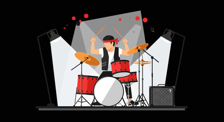 Dynamic Drummer Performing on Stage with Spotlights in Flat Vector Style