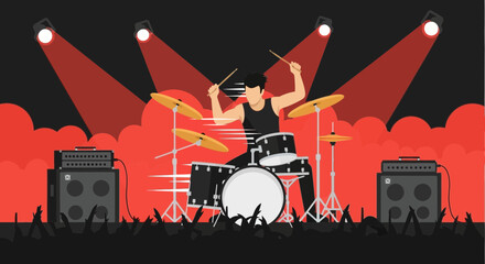 Dynamic Drummer Performance On Stage With Audience And Lighting Design