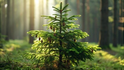 Young spruce tree bathed in golden forest sunlight