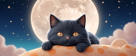 Naklejka premium Whiskered feline gazing at the moon, a playful kitten in the night, and a mischievous cat with a mouse