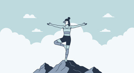 Eagle Woman Balancing In Tree Pose On Mountain Peak Minimalist Illustration