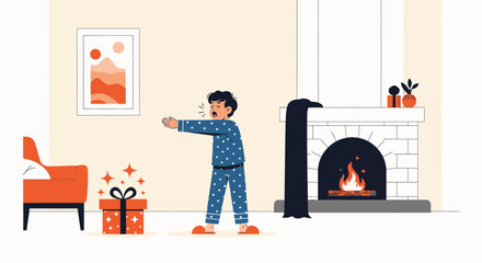 Early Morning Awakening Near The Fireplace With Gift Giving Holiday Celebration