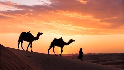 Camels and a person silhouetted against a vibrant desert sunset.jpg