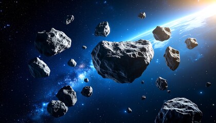 Conceptual image of asteroids in deep space, lit by a distant planet and bright star, symbolizing cosmic exploration and astronomical concepts.