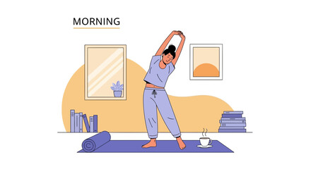 Early Morning Routine Woman Stretching On Yoga Mat At Home With Coffee