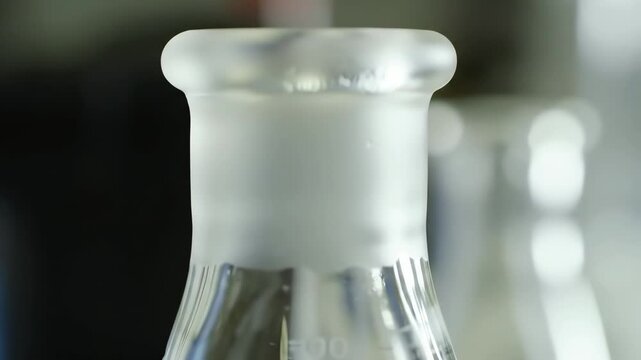 Close-up of a clear glass laboratory flask with a frosted top, against a blurred background