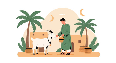 Eid Al Adha Celebration Man Giving Water To A Goat And Tropical Background