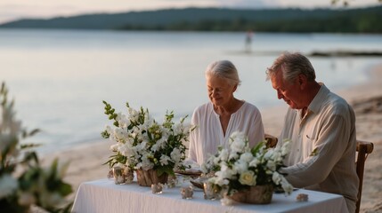 Couple enjoying a romantic dinner by the beach during sunset surrounded by elegant floral arrangements
