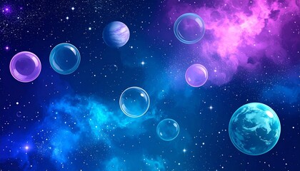 Fototapeta premium Surreal cosmic scene with floating bubbles and colorful planets drifting through a glowing nebula. Ethereal lighting and vibrant colors create a dreamy, otherworldly space environment