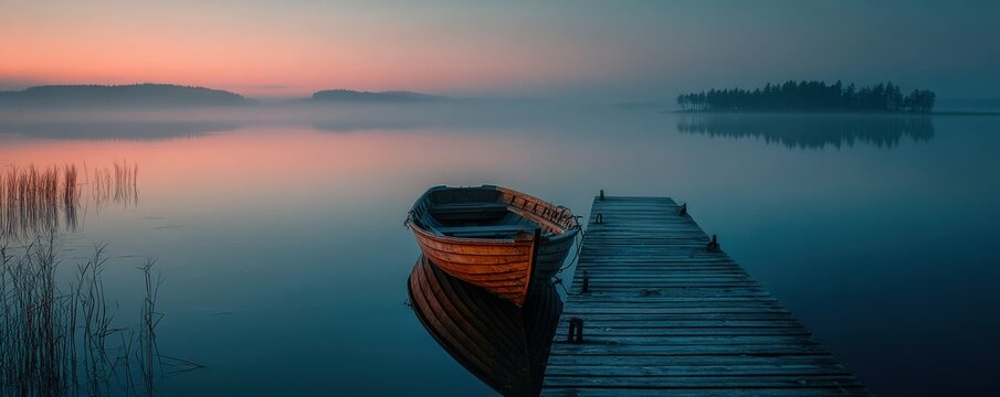 Tranquil lake at sunrise with a wooden boat and misty horizon - Powered by Adobe